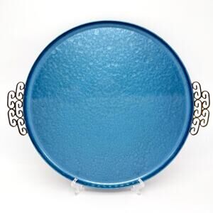 Vintage Moire Glaze Kyes Blue Serving Platter Tray with Handles 12.75” Round MCM